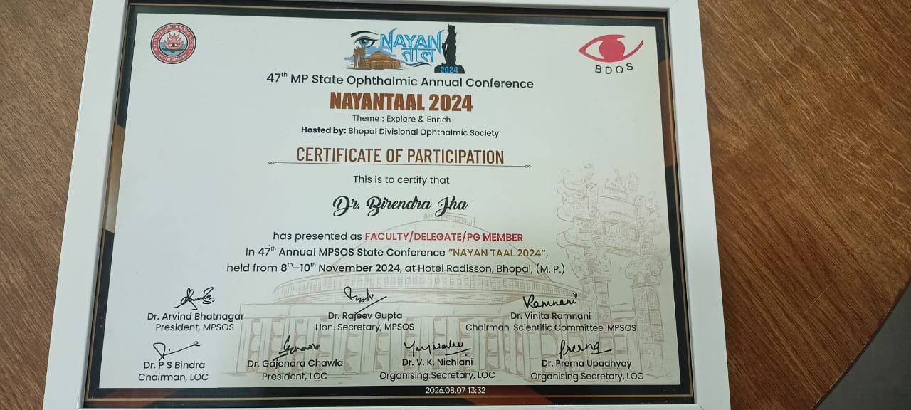 Certificate 1 of Dr. Birendra Jha, ophthalmologist at Niramay Indore India Eye Care