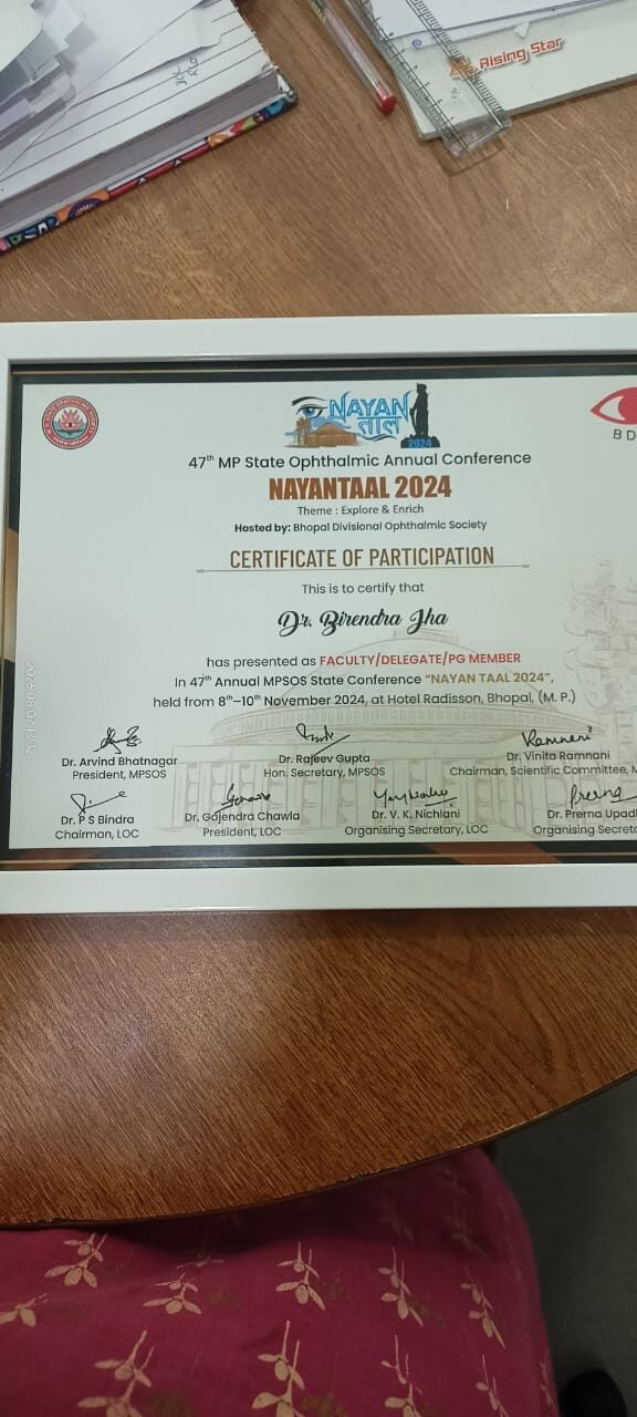 Certificate 8 of Dr. Birendra Jha, ophthalmologist at Niramay Indore India Eye Care